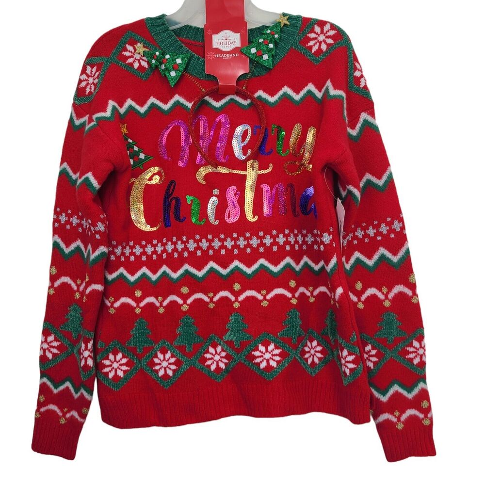 Holiday Time Womens Sz Small Holiday Christmas Knit Ugly Sweater Red w Headband - Picture 2 of 12